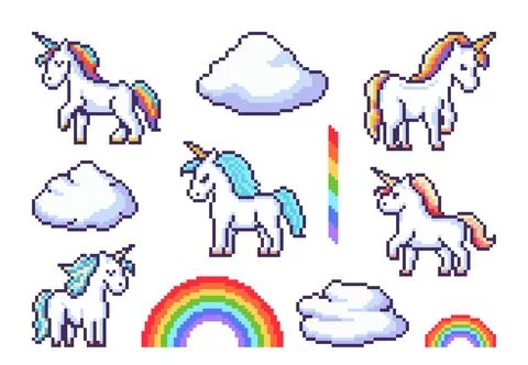 Fantasy pixel unicorns and rainbow, game stickers Stock Illustration