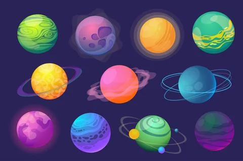 Fantasy planets set graphic elements in flat design. Bundle of colourful ab.. Stock Illustration