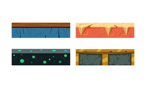 Fantasy platforms for mobile game user interface set, ground textures, element Illustrazione stock