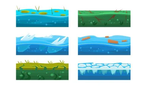 Fantasy Platforms Set, Water and Ice Textures for Mobile or Computer Games User Stock Illustration