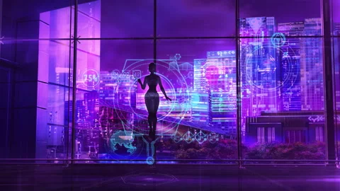 Fantasy plot with android and bioengineering infographics, 3D render Stock Footage 185893911