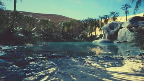 Fantasy pond oasis in a palm forest Stock Illustration