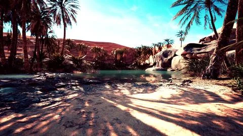 Fantasy pond oasis in a palm forest Stock Illustration