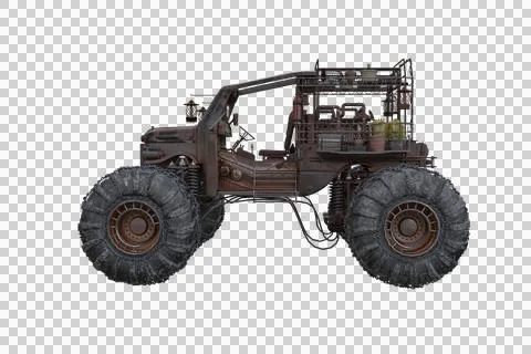 Fantasy post apocalyptic off road car with monster truck wheels viewed form.. Stock Illustration