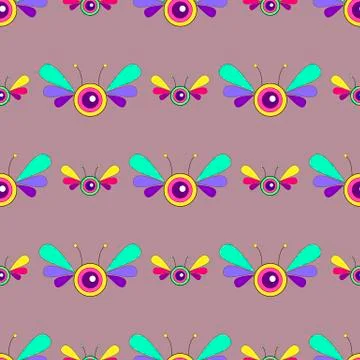Fantasy psychedelic Insect bright seamless pattern. Vector cartoon butterfly. Stock Illustration