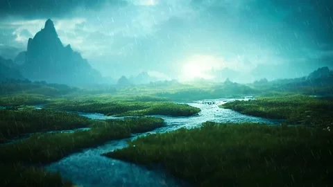 Fantasy raining dramatic landscape with light and river. Nature and landsca.. Video stock 237223231