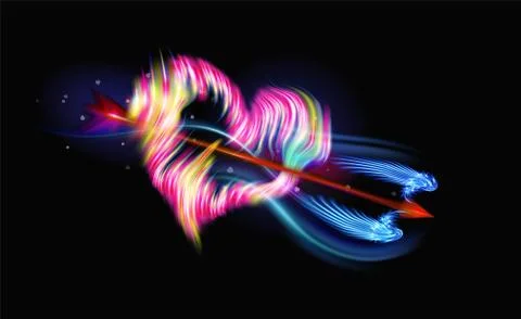 Fantasy red arrow pierced glowing heart, colorful background. Stock Illustration
