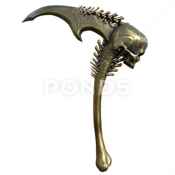 Fantasy ritual sickle, weapon with a skull, on an isolated white ...