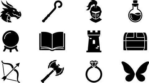 Fantasy RPG Game Icons Set Black and White Vector Illustration. Stock Illustration