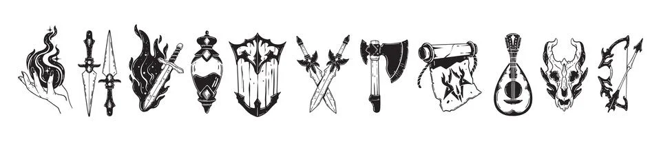 Fantasy RPG icon set, vector hand drawn dark line magic illustration Stock Illustration