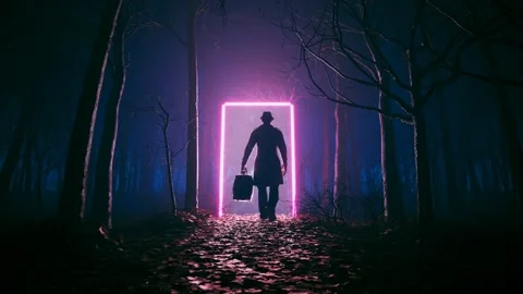 Fantasy scene. A man with a suitcase passed through the neon portal in the wood. Stock Footage 201214853
