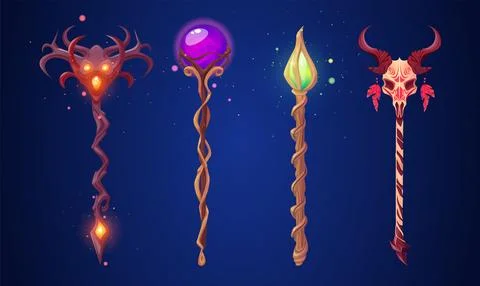 Fantasy scepter made of wood with magic elements Illustrazione stock