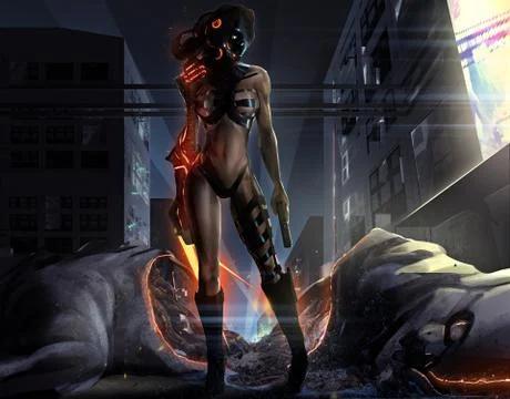 Fantasy sci-fi girl with defeated monster. Illustrazione stock