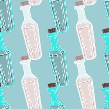 Fantasy seamless doodle pattern with pastel pink and blue elixir bottles. Blu Stock Illustration