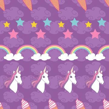 Fantasy seamless pattern cute unicorn, stars and rainbow on purple background Stock Illustration