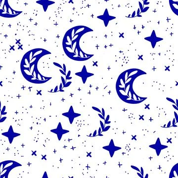 Fantasy seamless pattern. Vector pattern with moon, star and leaves. Dark blue Illustrazione stock