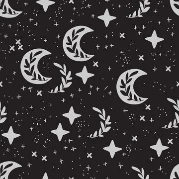 Fantasy seamless pattern. Vector pattern with moon, star and leaves. Black 스톡 일러스트