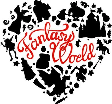 Fantasy set with creatures and heroes silhouettes Stock Illustration