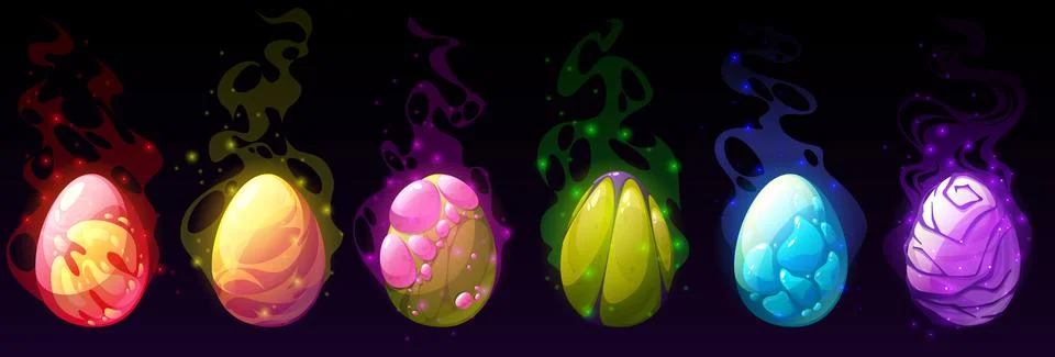 Fantasy set of eggs of dragon, magic creature Stock Illustration