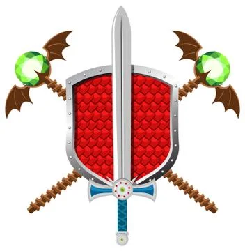 Fantasy Set with Shield, Sword nd Magic Staffs Stock Illustration