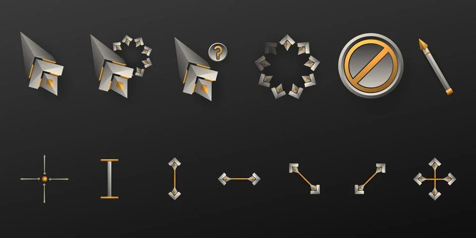 Fantasy silver and gold theme custom mouse cursor pointer icons set Illustrazione stock