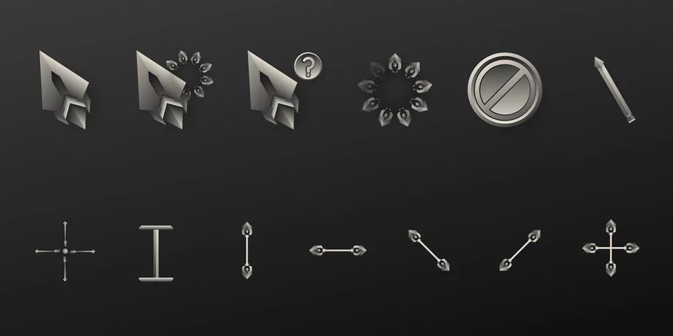Fantasy silver custom mouse cursor navigation pointer icons for game ui design Illustrazione stock