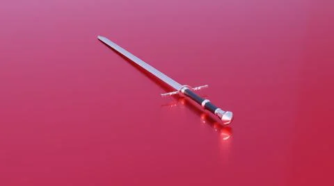 Fantasy silver sword with long blade on isolated red background. 3d illustration Stock Illustration