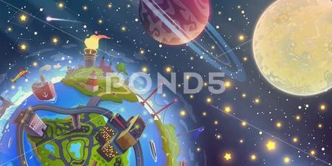 Fantasy space landscape with magic 3d Earth over night sky with stars and Moon Stock Illustration