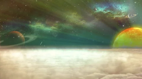 Fantasy Space Sky With Ringed Planets Above Clouds Stock Footage 341864555