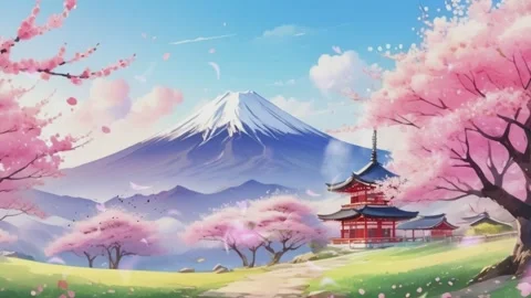 Fantasy spring nature landscape and cherry blossom animation Stock Footage 277411680