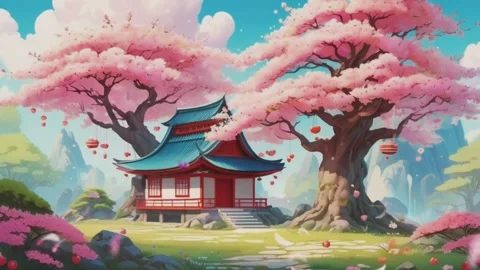 Fantasy spring nature landscape and cherry blossom animation Stock Footage 277411850