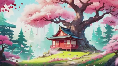 Fantasy spring nature landscape and cherry blossom animation Stock Footage 277411986