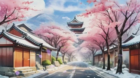 Fantasy spring nature landscape and cherry blossom animation Stock Footage 277412565