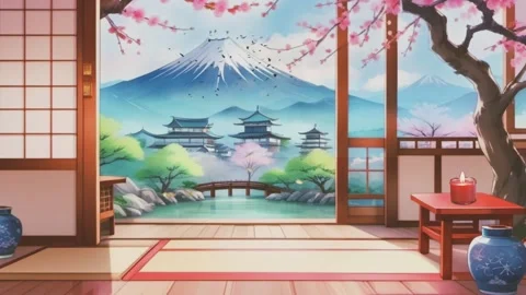 Fantasy spring nature landscape and cherry blossom animation Stock Footage 277412579