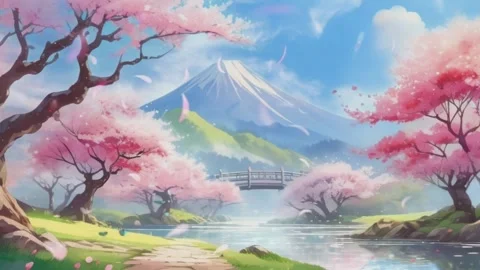 Fantasy spring nature landscape and cherry blossom animation Stock Footage 277412596