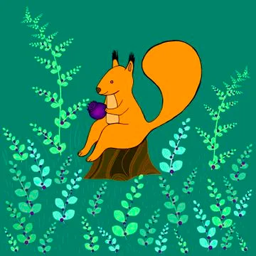 Fantasy squirrel sitting on a stump in the woods Stock Illustration