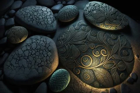 Fantasy stones abstract background with ornaments and neon lights. Illustrazione stock