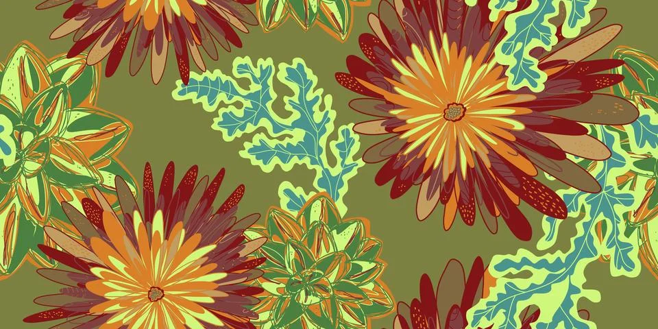 Fantasy stylized blooming floral pattern with chrysanthemum flowers, seamless Illustrazione stock