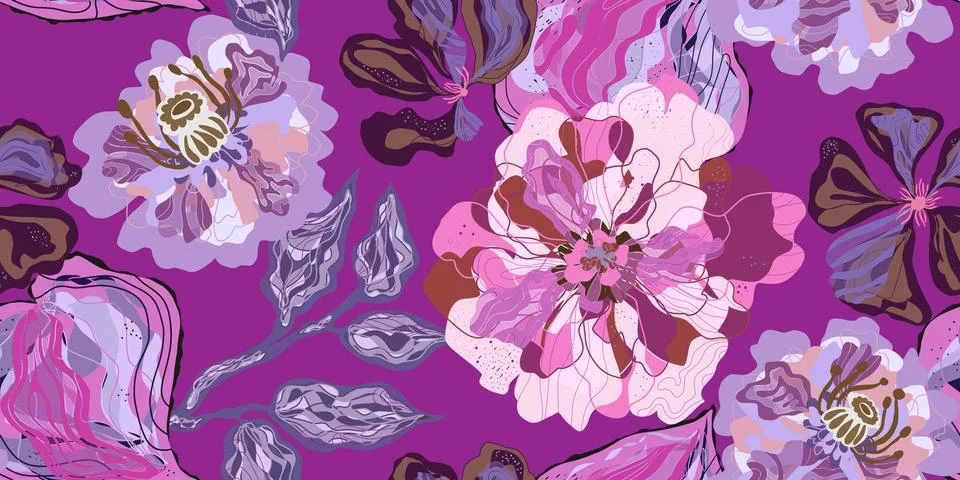 Fantasy stylized blooming floral pattern with peonies flowers, seamless endle Stock Illustration