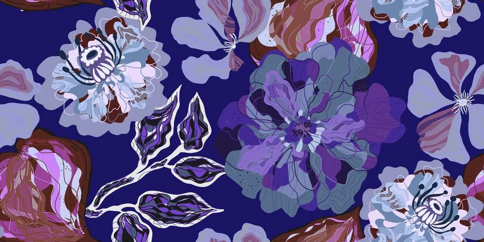 Fantasy stylized blooming floral pattern with peonies flowers, seamless endle Stock Illustration