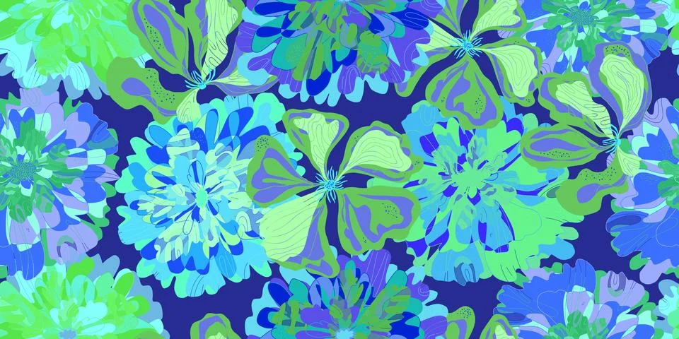 Fantasy stylized blooming floral pattern with assorted flowers seamless endle Illustrazione stock