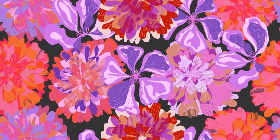 Fantasy stylized blooming floral pattern with assorted flowers seamless endle Stock Illustration
