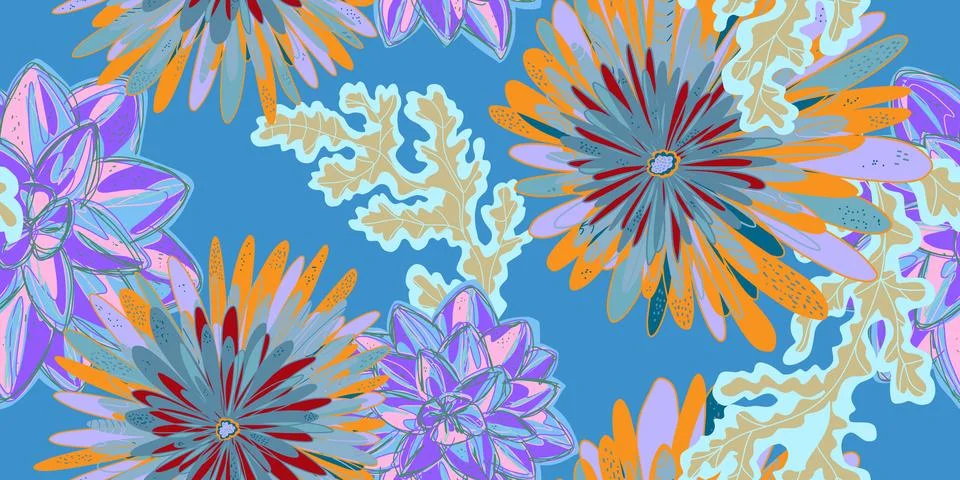 Fantasy stylized blooming floral pattern with chrysanthemum flowers, seamless 스톡 일러스트