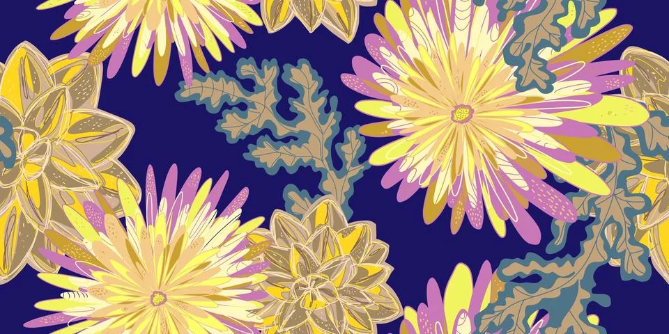 Fantasy stylized blooming floral pattern with chrysanthemum flowers, seamless Stock Illustration