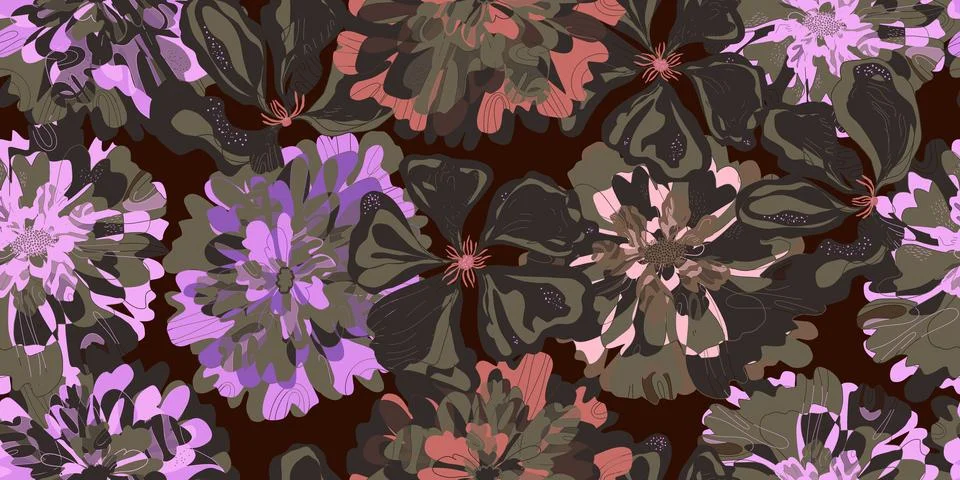 Fantasy stylized blooming floral pattern with assorted flowers seamless endle Stock Illustration