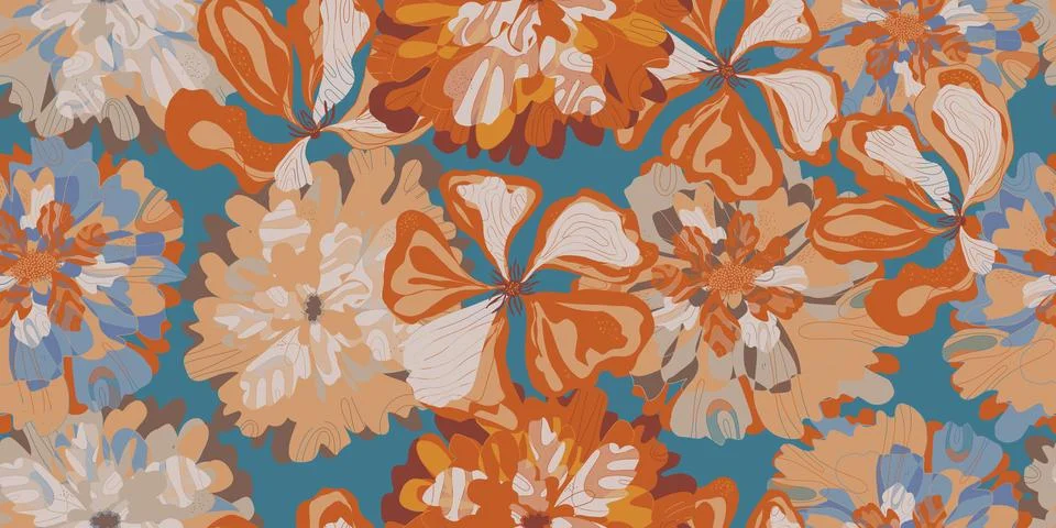 Fantasy stylized blooming floral pattern with assorted flowers seamless endle Stock Illustration
