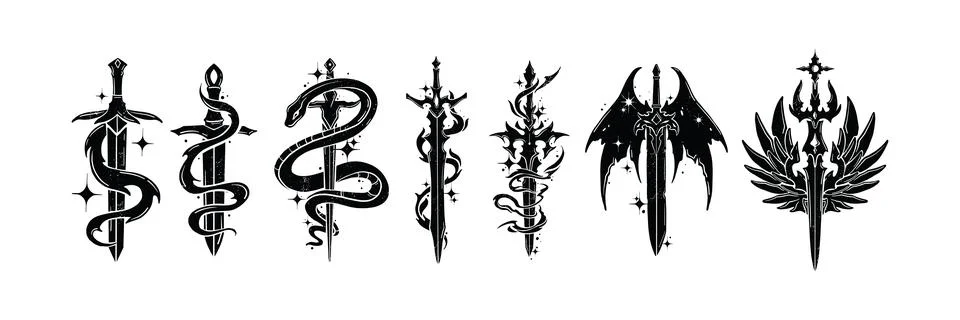 Fantasy sword tattoo set, vector linocut magic blade, dragon wings Stock Illustration