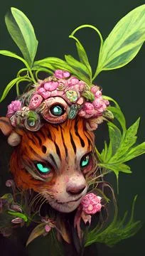 A fantasy tiger with flowers and a beautiful magical fairy tale enchanted forest Stock Illustration
