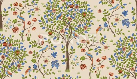 Fantasy tree with birds seamless ornament on light background. Vector Stock Illustration