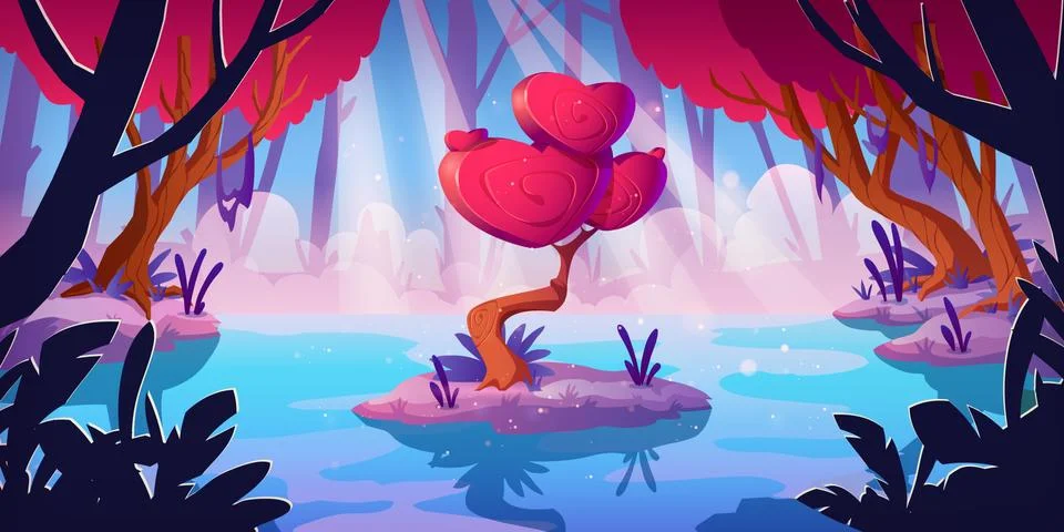 Fantasy tree with hearts shape crown in forest Stock Illustration